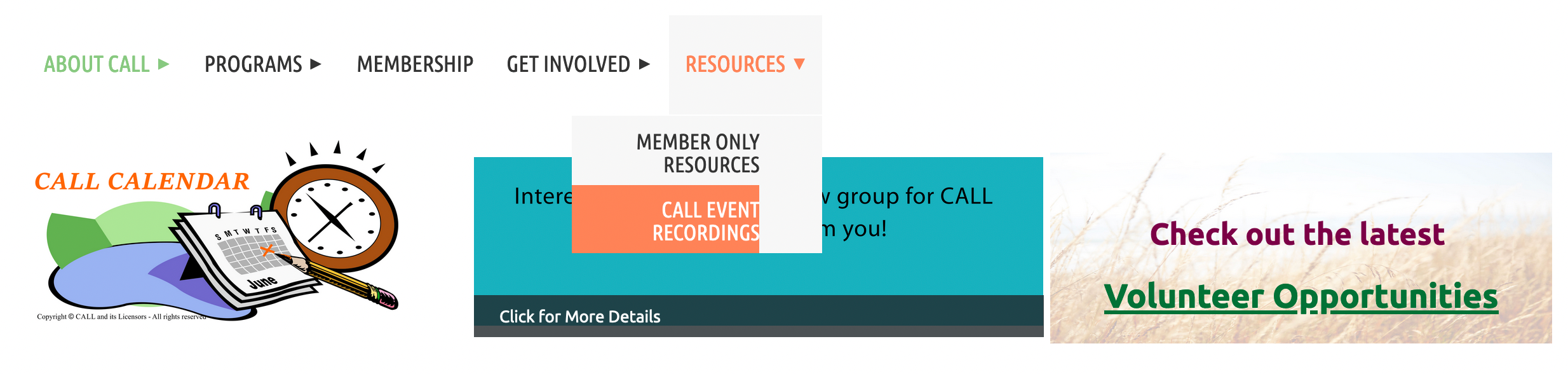Screen shot showing Resources menu and CALL Event Recordings item